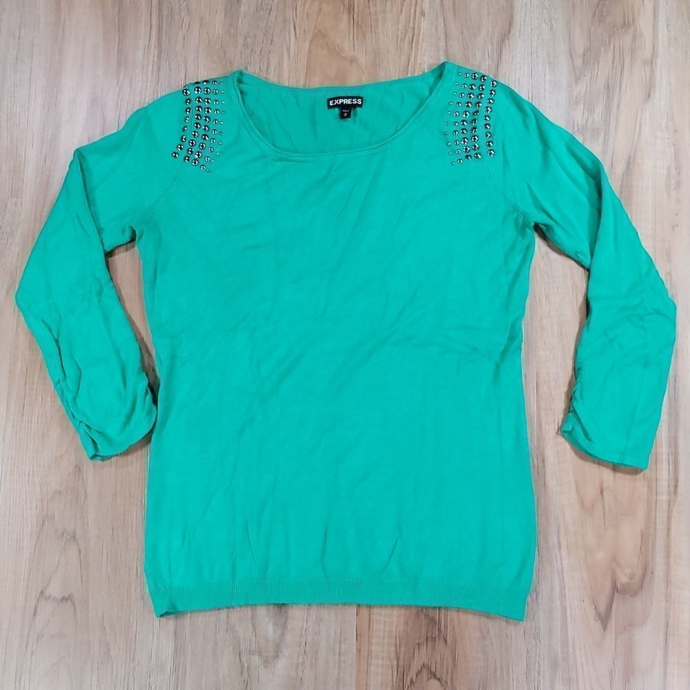 🔹️Express Green Studded Ruched 3/4 Sleeve Top Medium